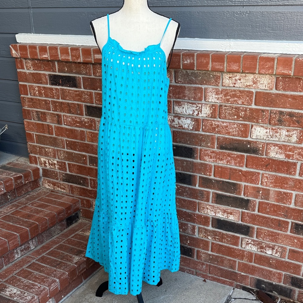 True Destinations Resortwear Aqua Blue Cotton Lace Eyelet Halter Midi Dress Sz M
